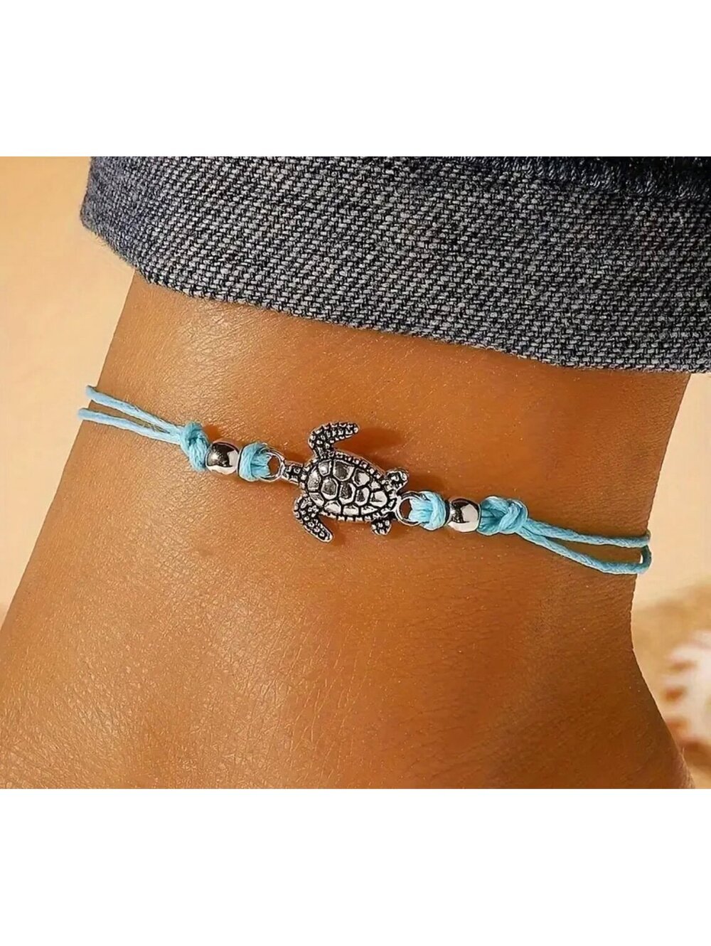 New - Vintage - Silver Turtle - Braided Adjustable
Anklet - Baby Blue
